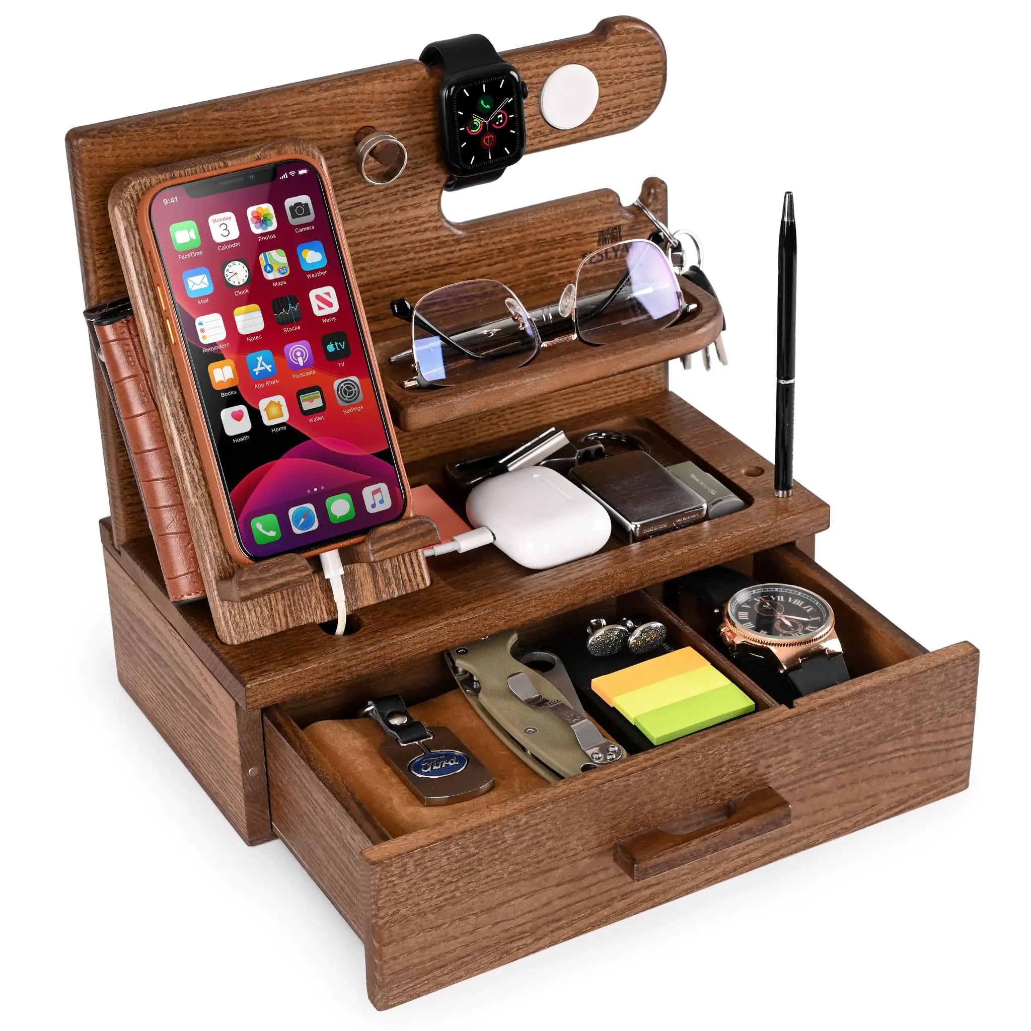 TESLYAR Wood Phone Docking Station with Drawer - Nightstand Organizer- Desk Organizer for Husband - Birthday Gifts for Men or Dad - Idea for Anniversary - Key Holder Stand Watch & Accessories (Beige)