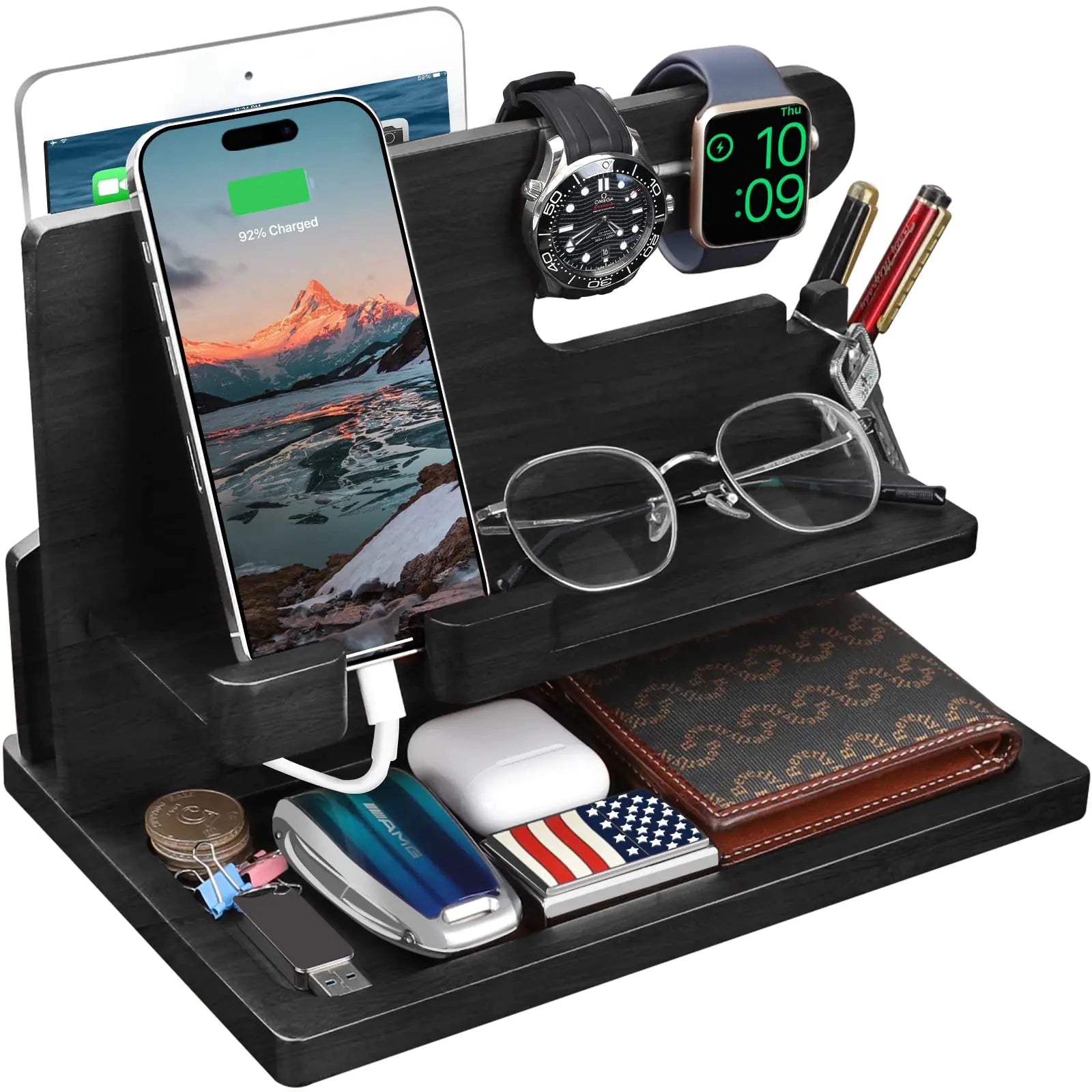 T TARANTO Gifts for Men Wood Phone Docking Station for Men Nightstand Organizer Gifts for Dad Charging Station Cell Phone Stand Desk Organizer Gifts for Husband Boyfriend Brother Son (Black)